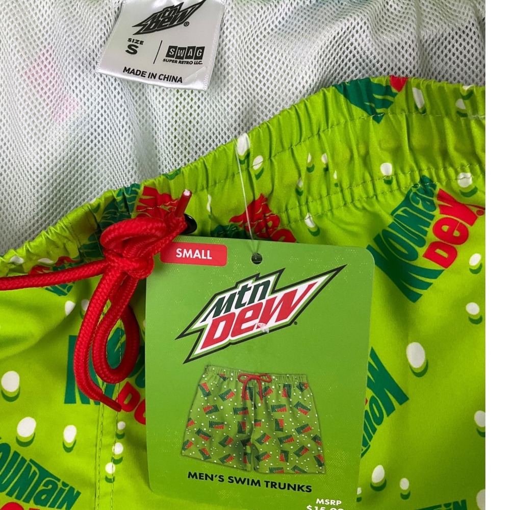 Mountain Dew Mens Swim Trunks Small Green Retro‎ Logo All Over Print New NWT - Picture 3 of 8